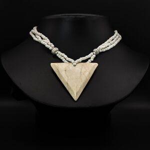 VINTAGE Marble Stone Triangle Pendant with Beaded Necklace